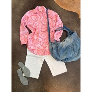 Sigrid Olsen Women Pink Coral Seashell Print 100% Linen Button Down Tunic Shirt